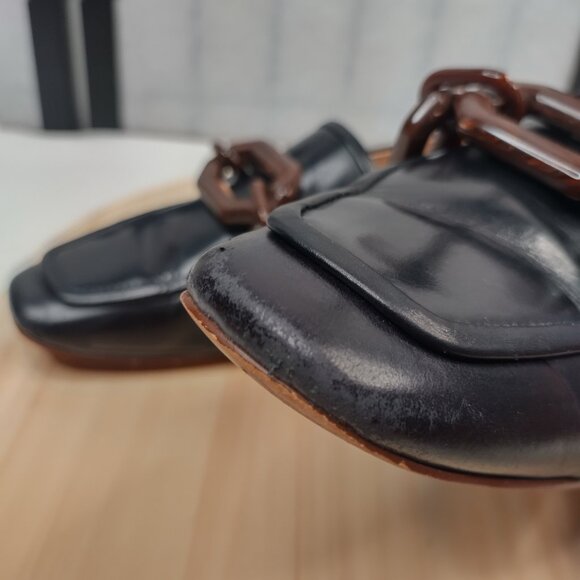 Louise et Cie Emlen Black Leather Square Toe Tortoise Chain Loafers Women US 8.5 - Picture 4 of 13